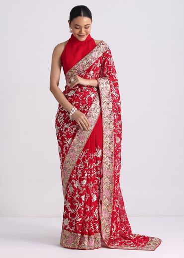 Red Georgette Saree with Parsi Gara Work