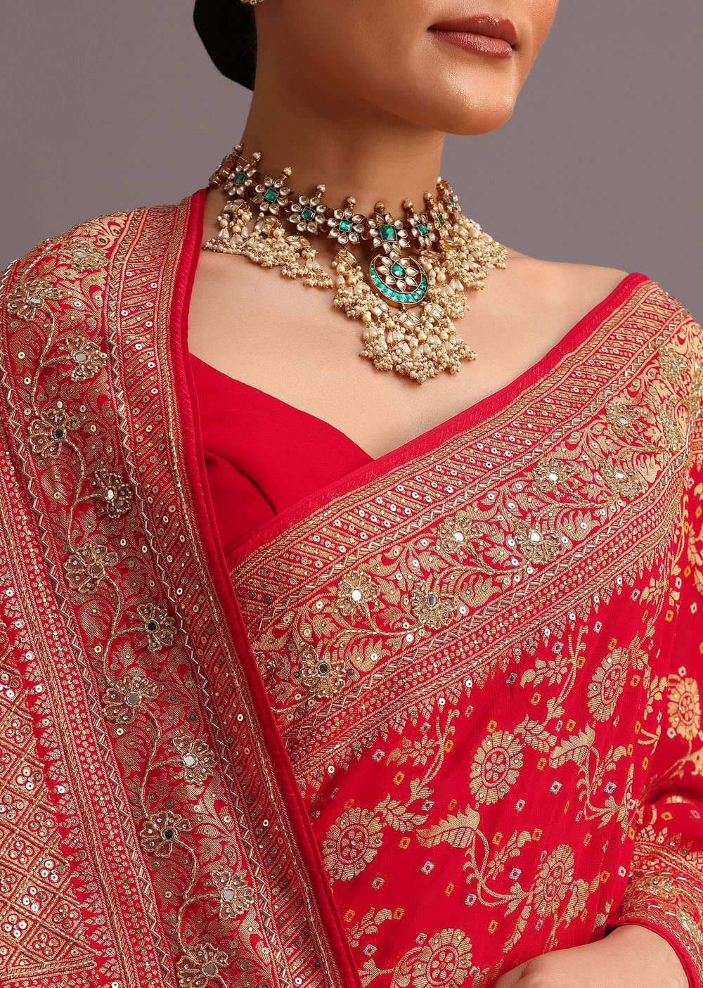 Red Georgette Woven Saree With Bandhani Jaal Work
