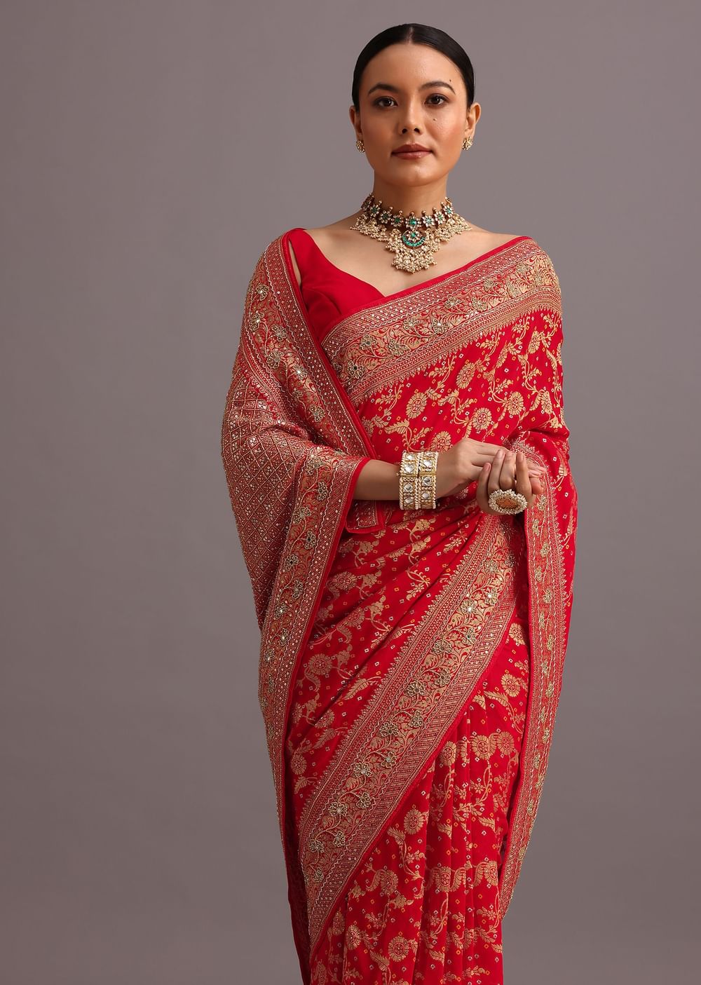 Red Georgette Woven Saree With Bandhani Jaal Work