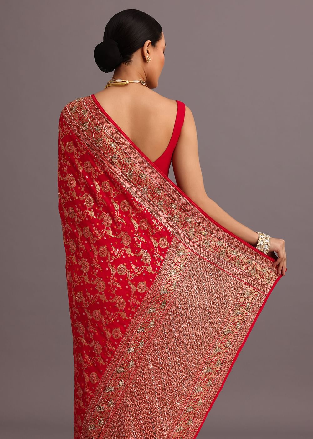 Red Georgette Woven Saree With Bandhani Jaal Work
