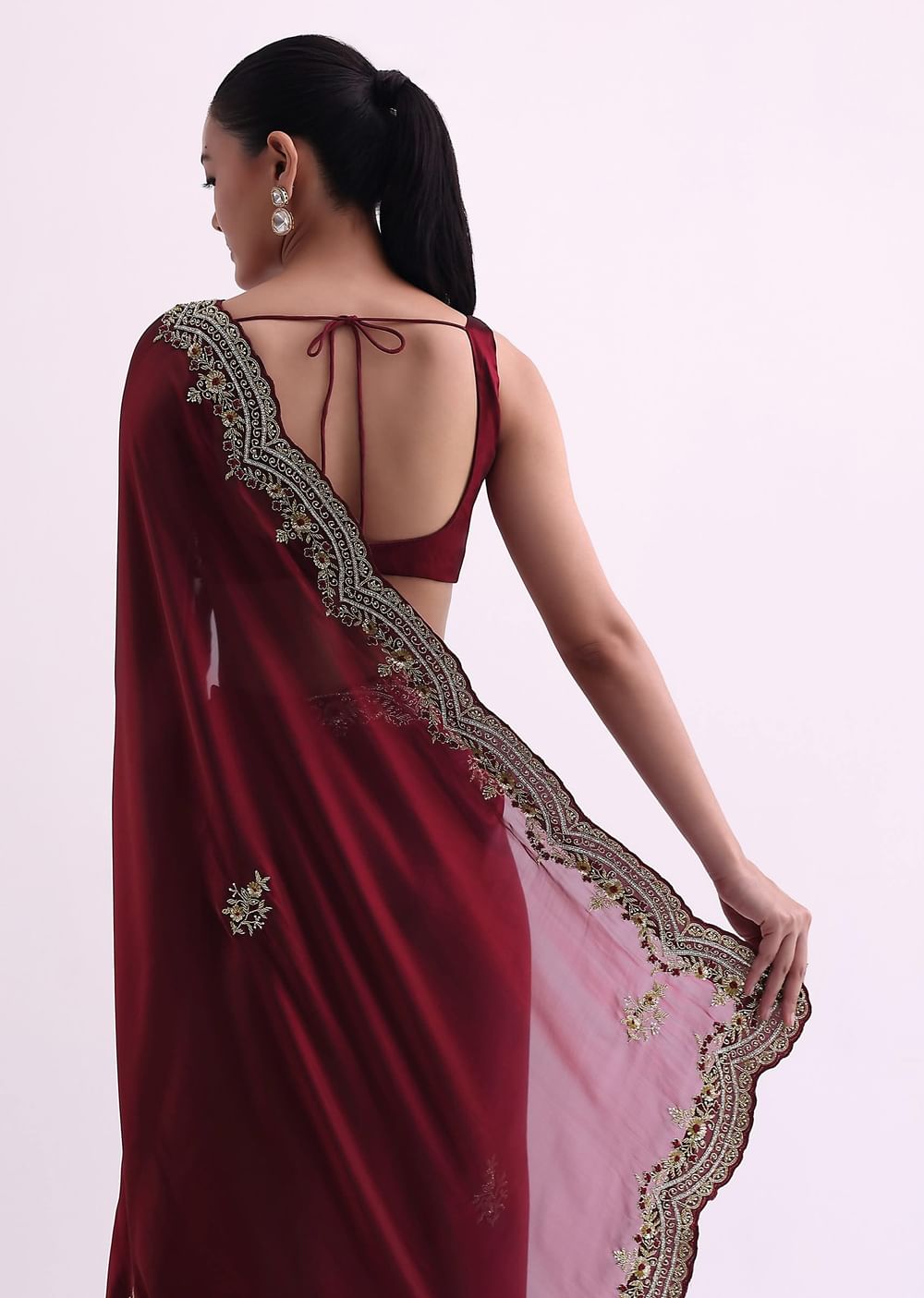 Red Glass Tissue Saree With Sequin Scallop Border And Unstitched Blouse Fabric