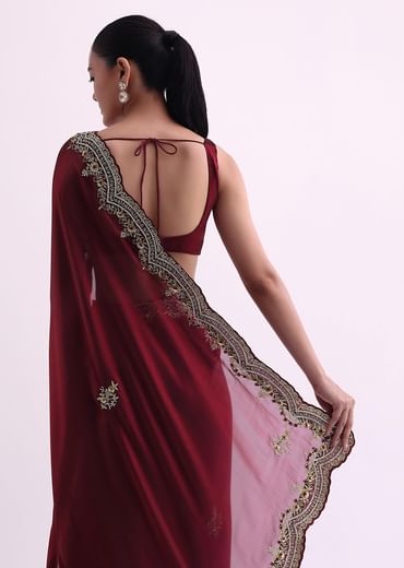 Red Glass Tissue Saree With Sequin Scallop Border And Unstitched Blouse Fabric