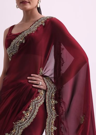 Red Glass Tissue Saree With Sequin Scallop Border And Unstitched Blouse Fabric