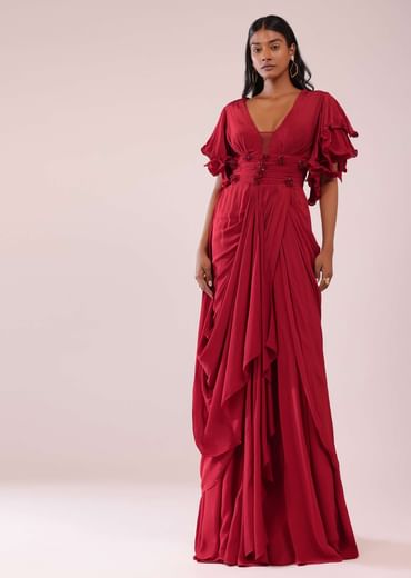 Red Saree Gown In Crepe With Frill Sleeves And Delicate Hand Embroidery