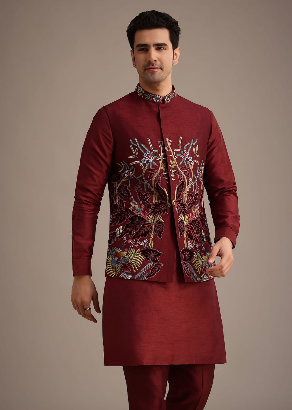 Red Jacket And Kurta Set In Silk With Resham Work