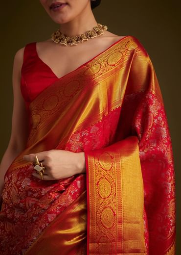 Red Kanjivaram Silk Saree With Golden Zari Detailing
