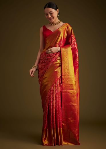 Red Kanjivaram Silk Saree With Golden Zari Detailing