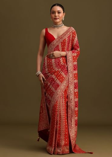 Red Khaddi Georgette Woven Saree With Gotta Patti Border