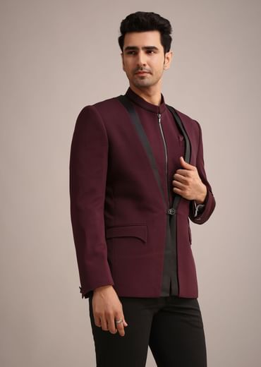 Red Knit Tuxedo Set With Waist Coat