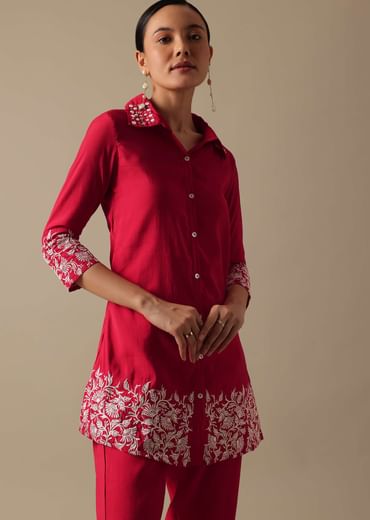 Red co ord set In Chanderi