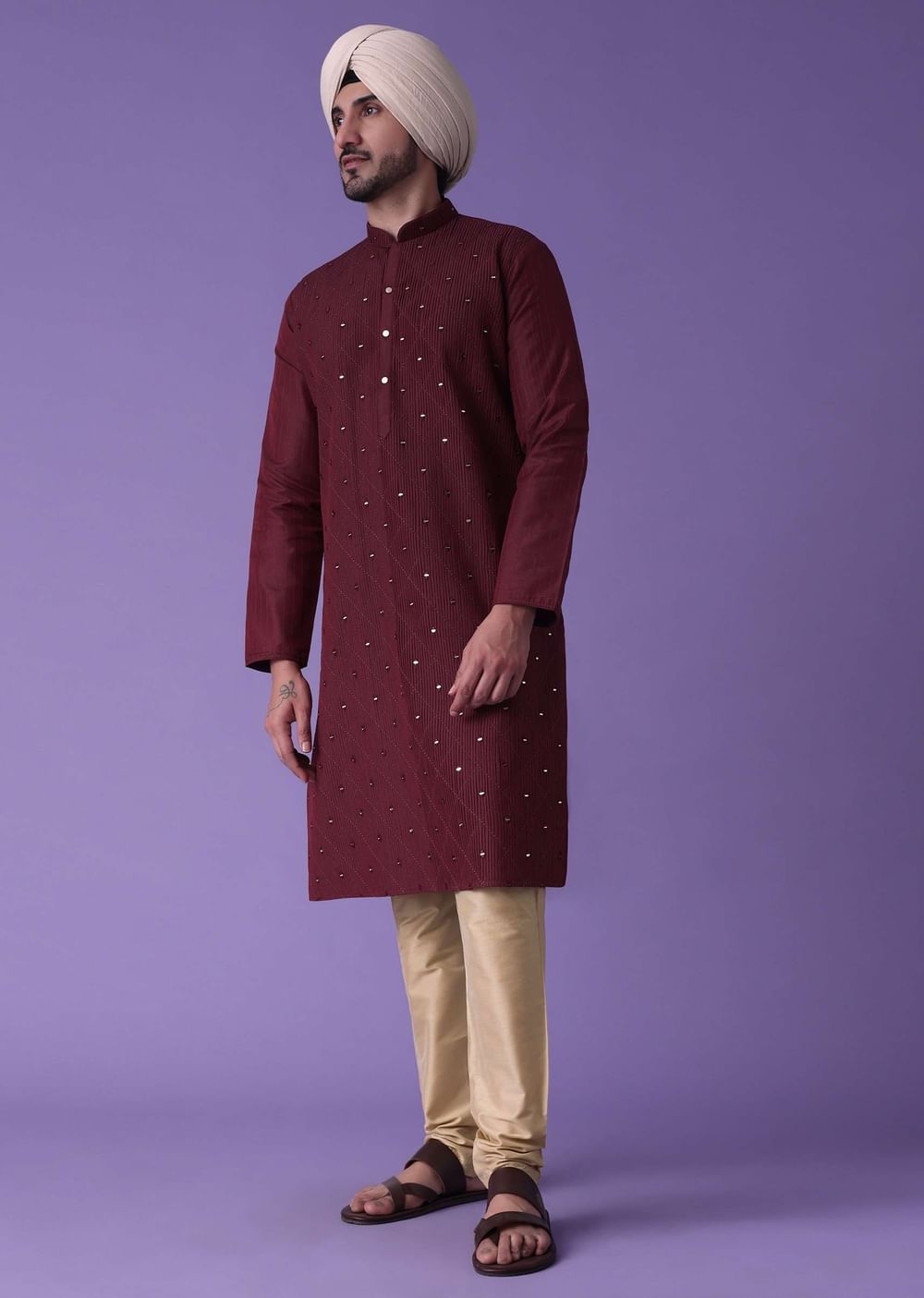 Red Kurta Set In Cotton Silk With Mirror Embroidery