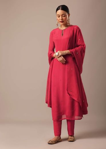 Red Kurta Set With Hand Embroidery And Organza Dupatta