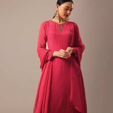 Red Kurta Set With Hand Embroidery And Organza Dupatta