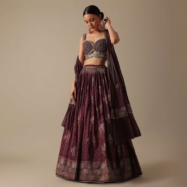 Wine Lehenga Set In Silk With Mirror Work