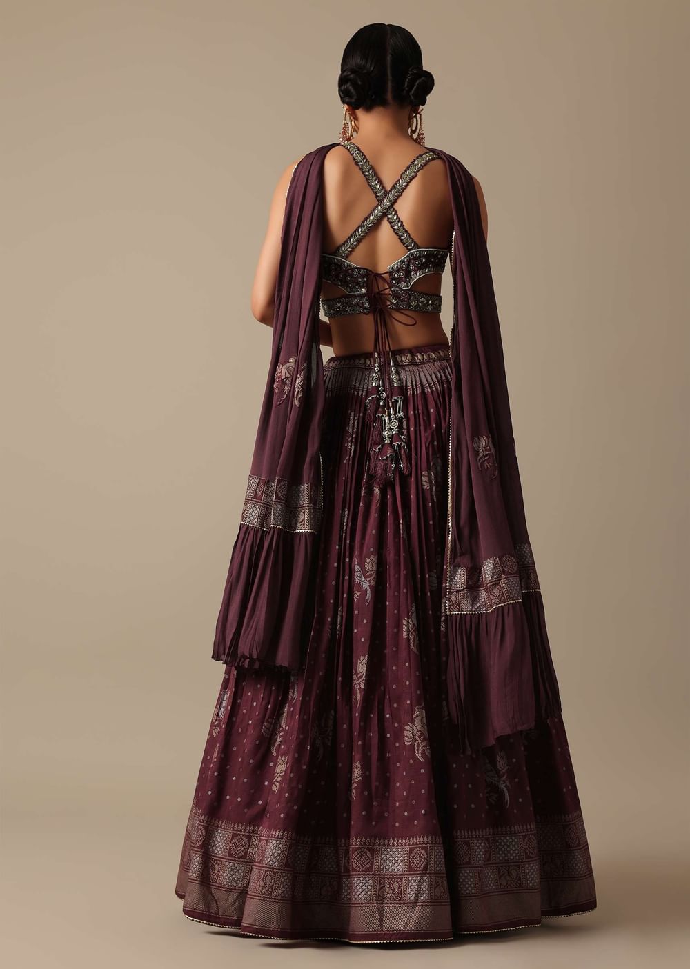 Wine Lehenga Set In Silk With Mirror Work