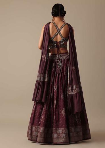 Wine Lehenga Set In Silk With Mirror Work