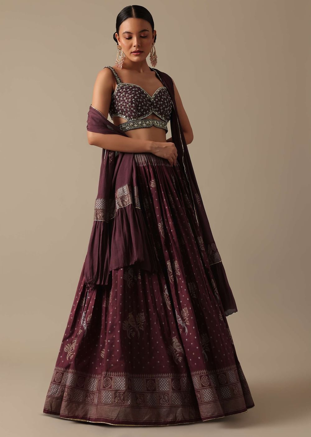 Wine Lehenga Set In Silk With Mirror Work