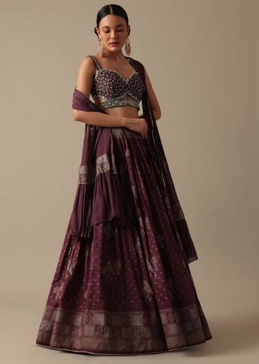 Wine Lehenga Set In Silk With Mirror Work
