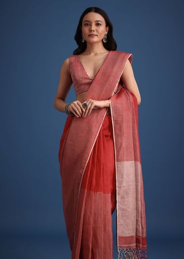 Red Linen Tissue Saree With Zari Border Pallu