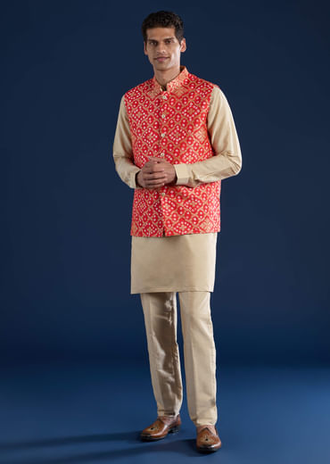 Red Mens Bandhani Silk Jacket Kurta Set