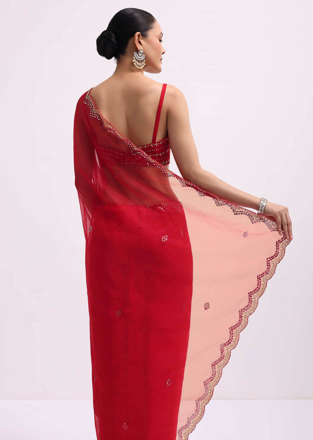 Red Mirror Embellished Organza Saree With Unstitched Blouse