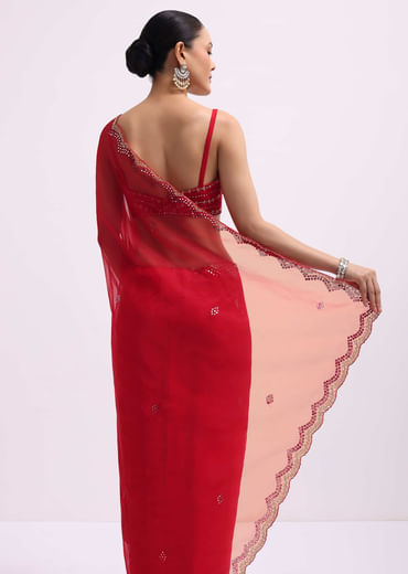 Red Mirror Embellished Organza Saree With Unstitched Blouse
