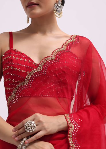 Red Mirror Embellished Organza Saree With Unstitched Blouse