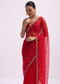 Red Mirror Embellished Organza Saree With Unstitched Blouse