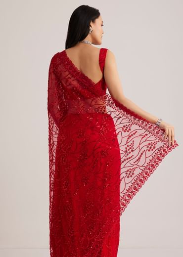 Red Net Saree With Sequins And Stone Detailing