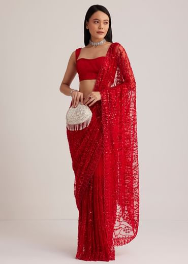 Red Net Saree With Sequins And Stone Detailing