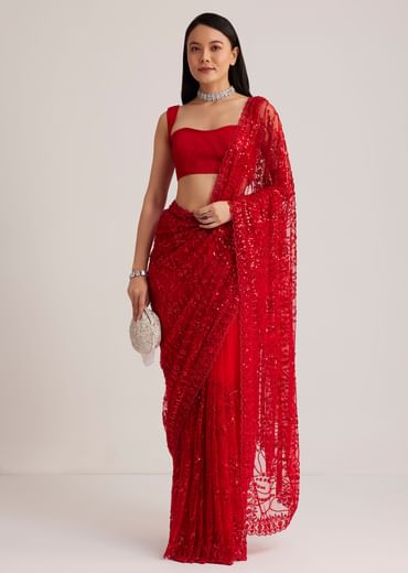 Red Net Saree With Sequins And Stone Detailing