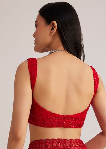 Red Net Saree With Sequins And Stone Detailing