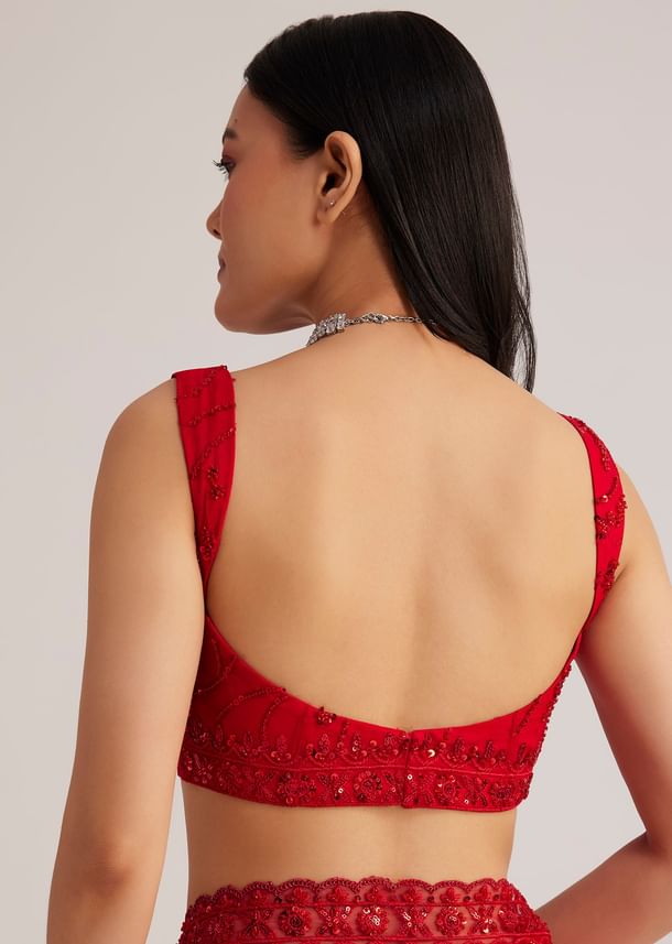 Red Net Saree With Sequins And Stone Detailing