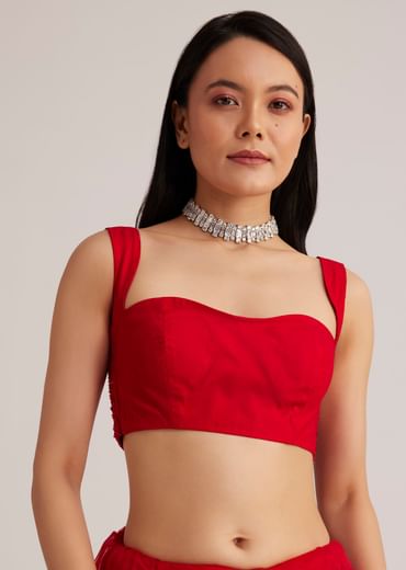 Red Net Saree With Sequins And Stone Detailing