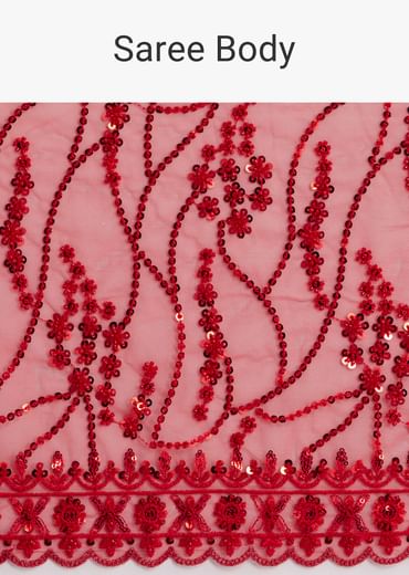Red Net Saree With Sequins And Stone Detailing