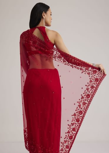 Red Net Saree With Sequins And Stones Embroidery