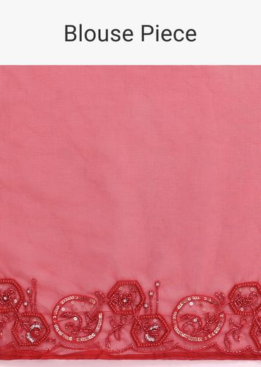 Red Organza Saree In Sequins With Unstitched Blouse