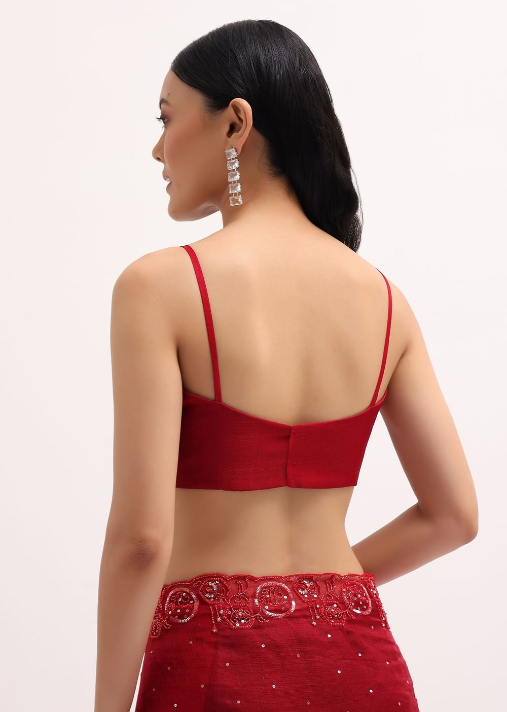 Red Organza Saree In Sequins With Unstitched Blouse