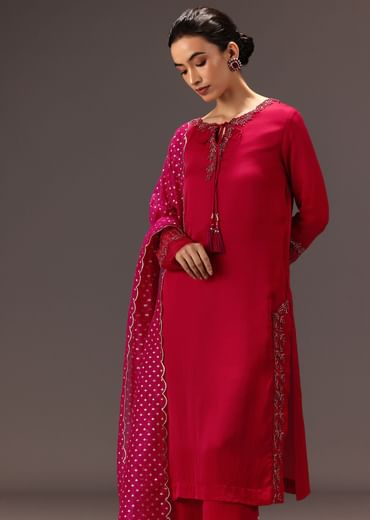 Red Organza Satin Hand Embroidered Kurta Set