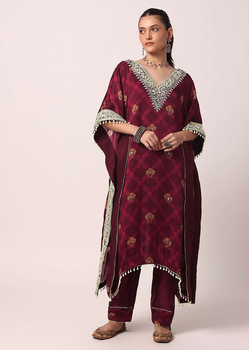 Red Pant Set With Gota Patti Kaftan Kurta