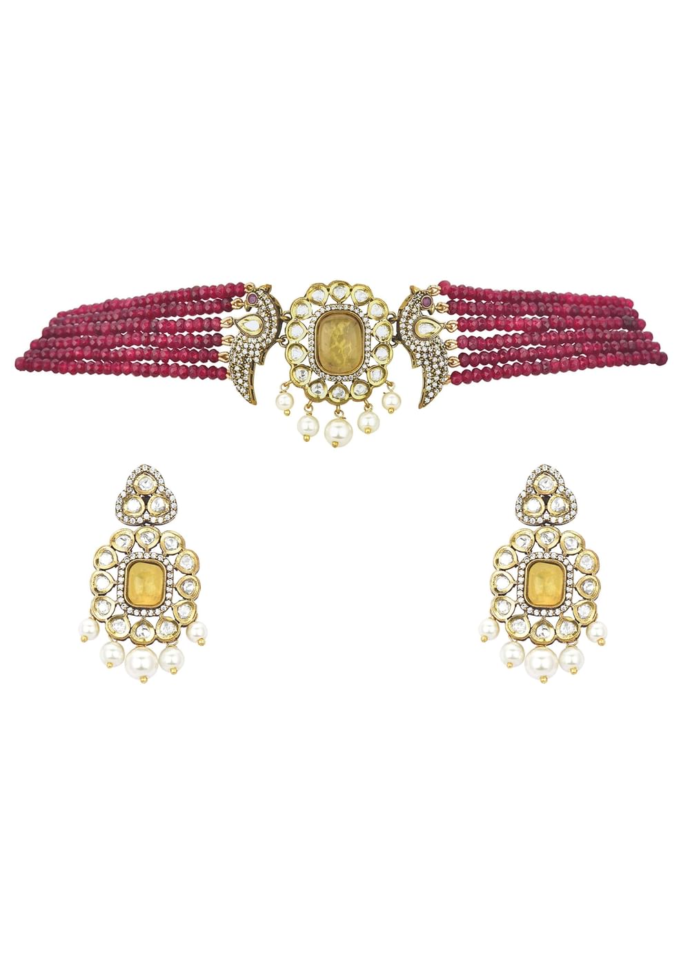 Red Pendant Beaded Choker Set With Floral Motif