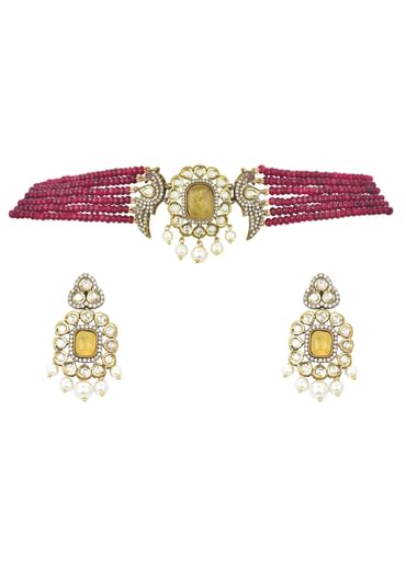 Red Pendant Beaded Choker Set With Floral Motif