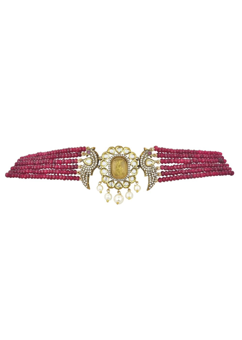 Red Pendant Beaded Choker Set With Floral Motif
