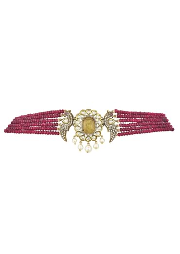 Red Pendant Beaded Choker Set With Floral Motif