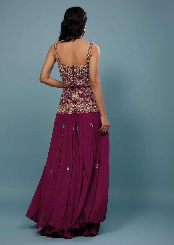 Plum Purple Embroidered Jumpsuit In Satin
