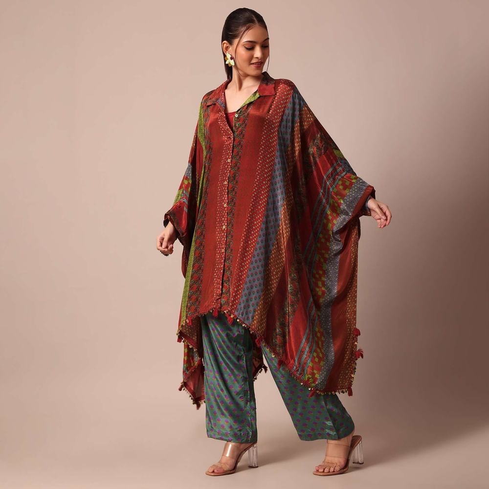 Red Printed Kaftaan Set With Resham And Metal Coin Detailing