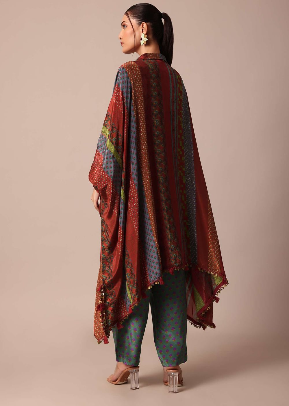Red Printed Kaftaan Set With Resham And Metal Coin Detailing
