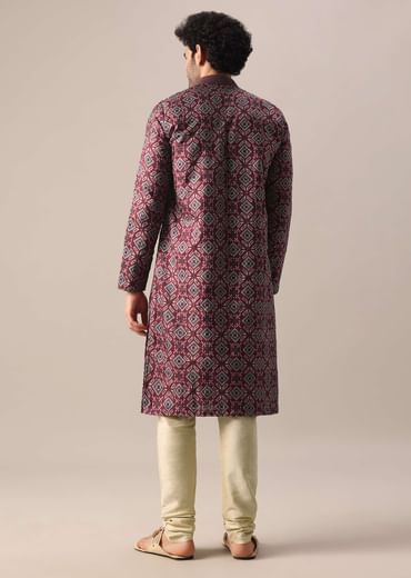 Red Printed Kurta Set In Silk