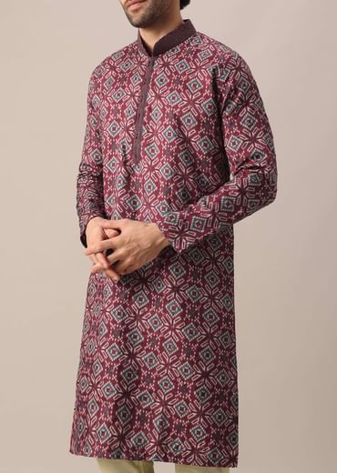 Red Printed Kurta Set In Silk