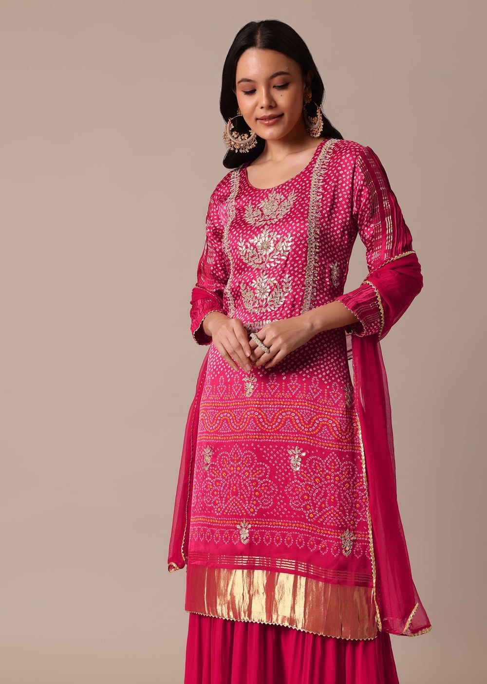 Red Printed Kurta Sharara Set In Silk